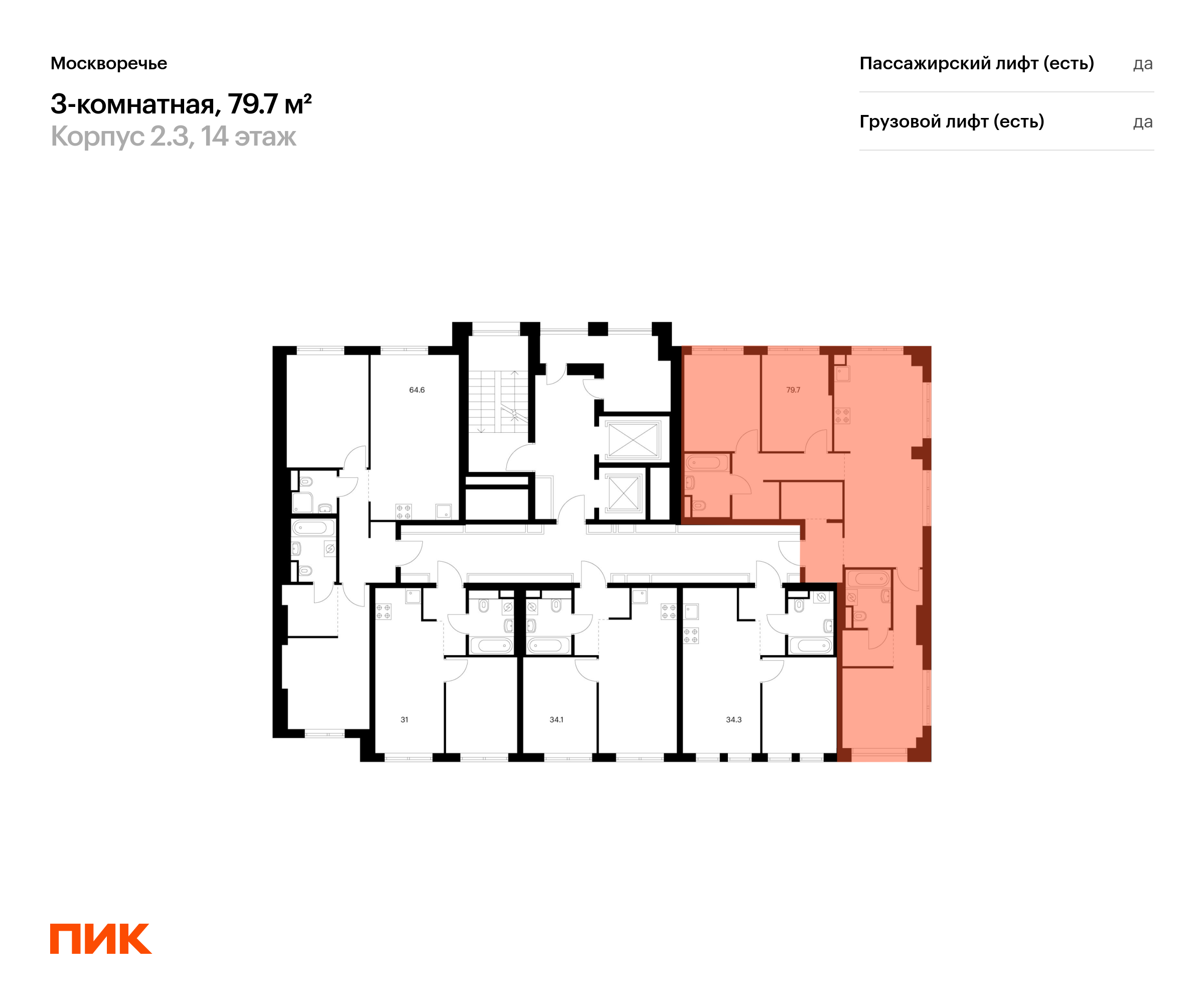 3-комнатная квартира, 79.7 кв.м, Москворечье, изображение-2