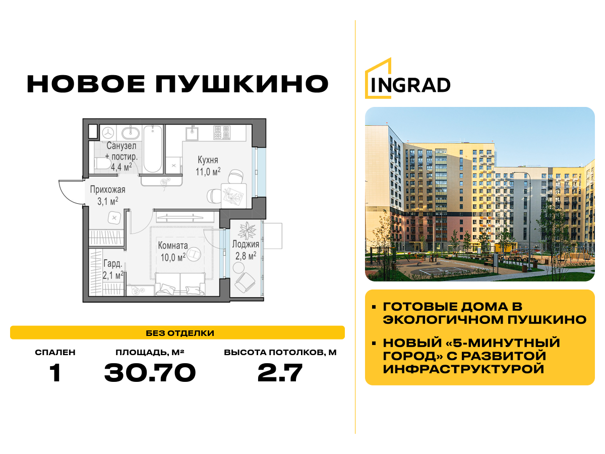 1-комнатная, 30.7 м² 1