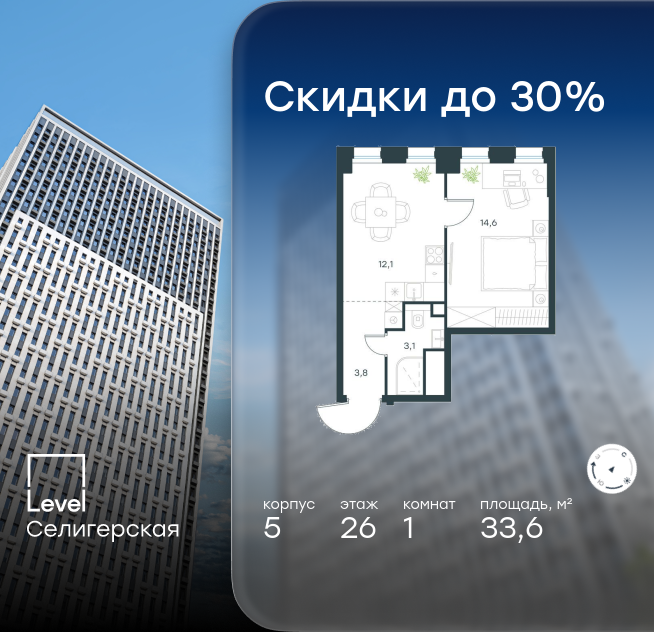 1-комнатная, 33.6 м² 1