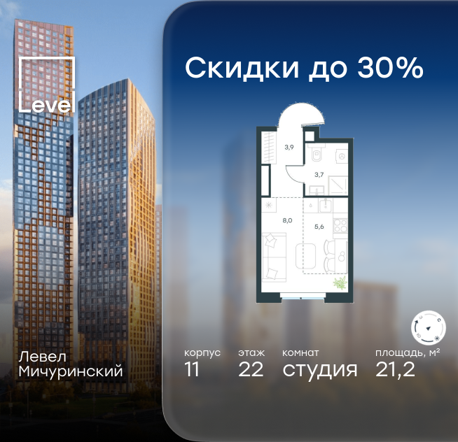 студия, 21.2 м² 1