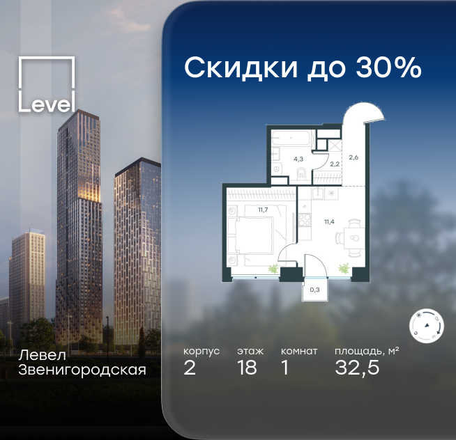 1-комнатная, 32.5 м² 1
