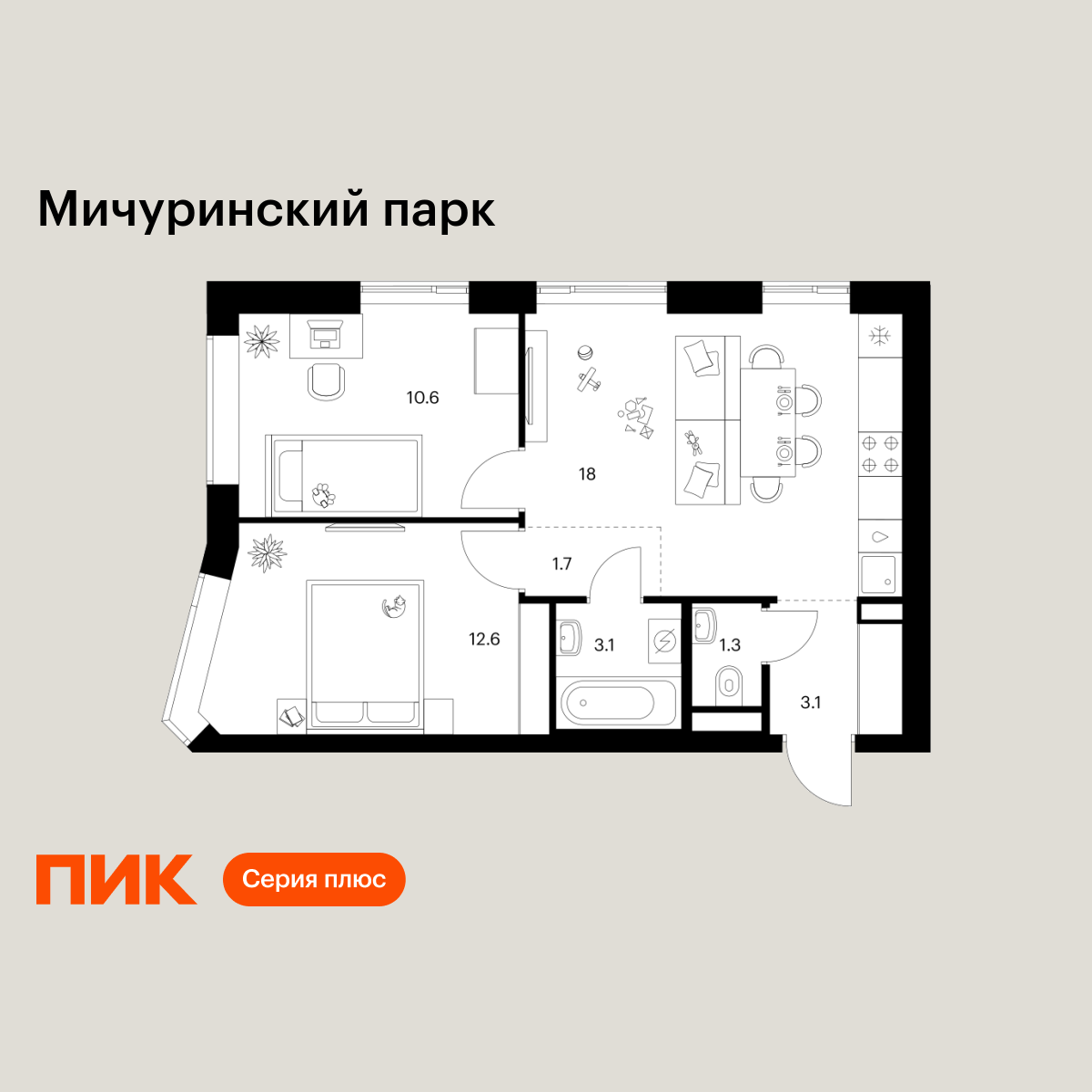 2-комнатная квартира, 50.4 кв.м, Мичуринский парк 2-комнатная квартира, 50.4 кв.м, Мичуринский парк