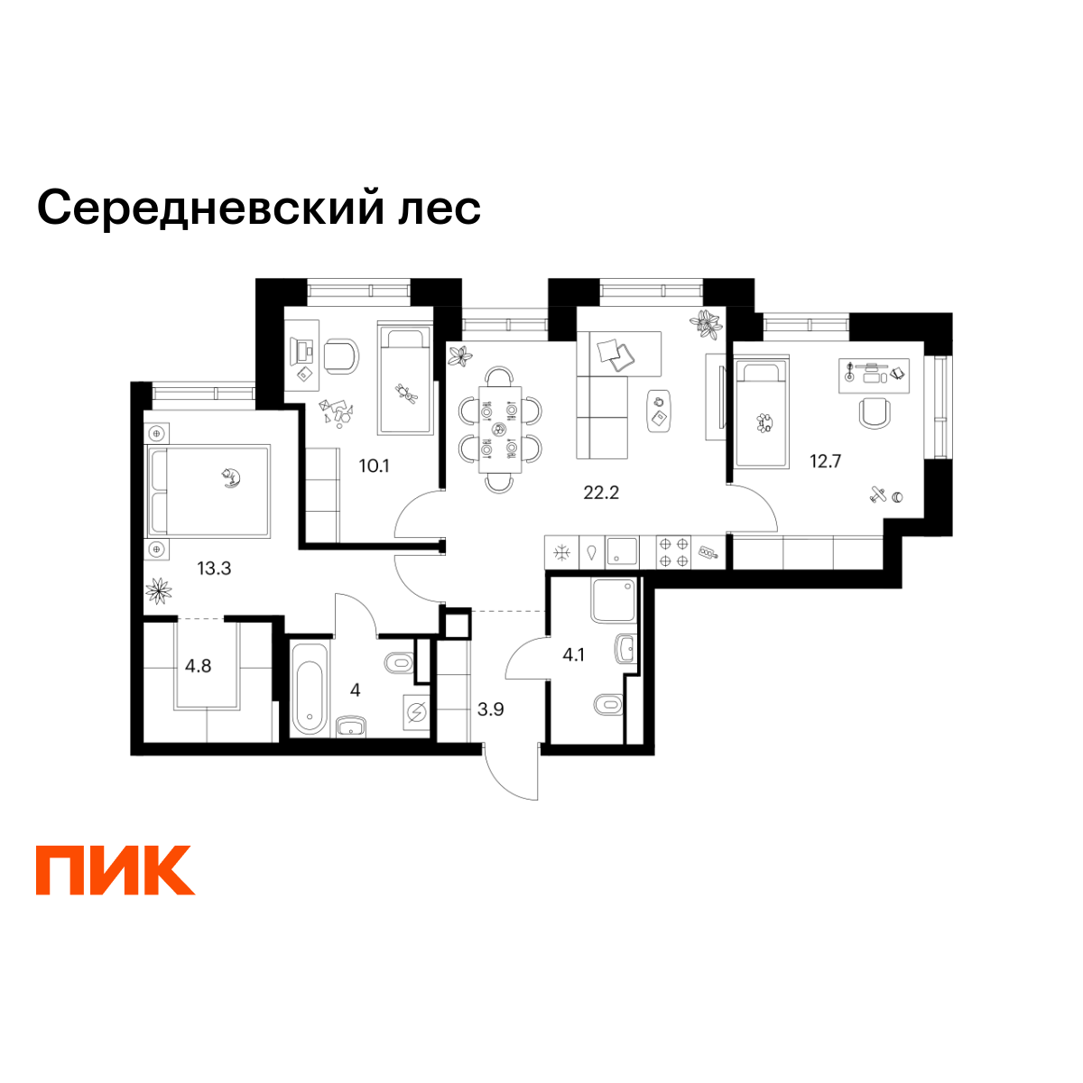 3-комнатная квартира, 75.1 кв.м, Середневский лес 3-комнатная квартира, 75.1 кв.м, Середневский лес