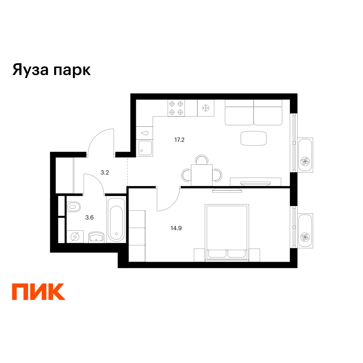 1-комнатная квартира, 38.9 кв.м, Яуза парк
