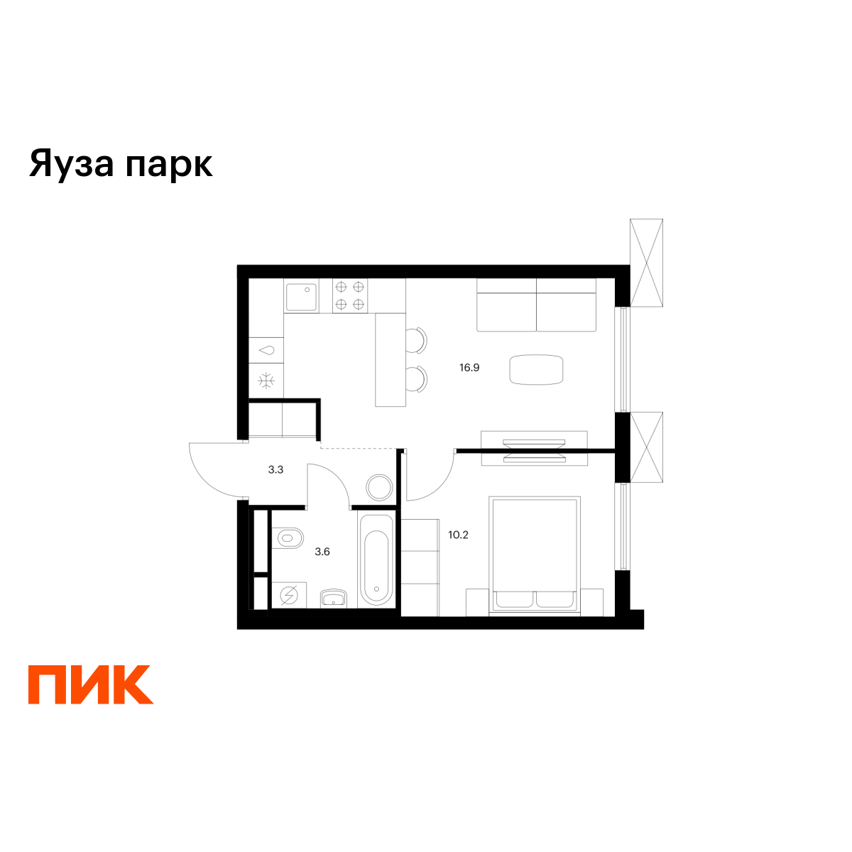 1-комнатная, 34 м2, Яуза парк