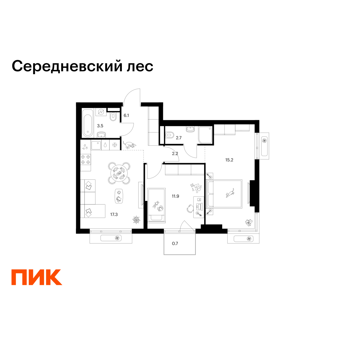 2-комнатная, 59.6 м2, Середневский лес