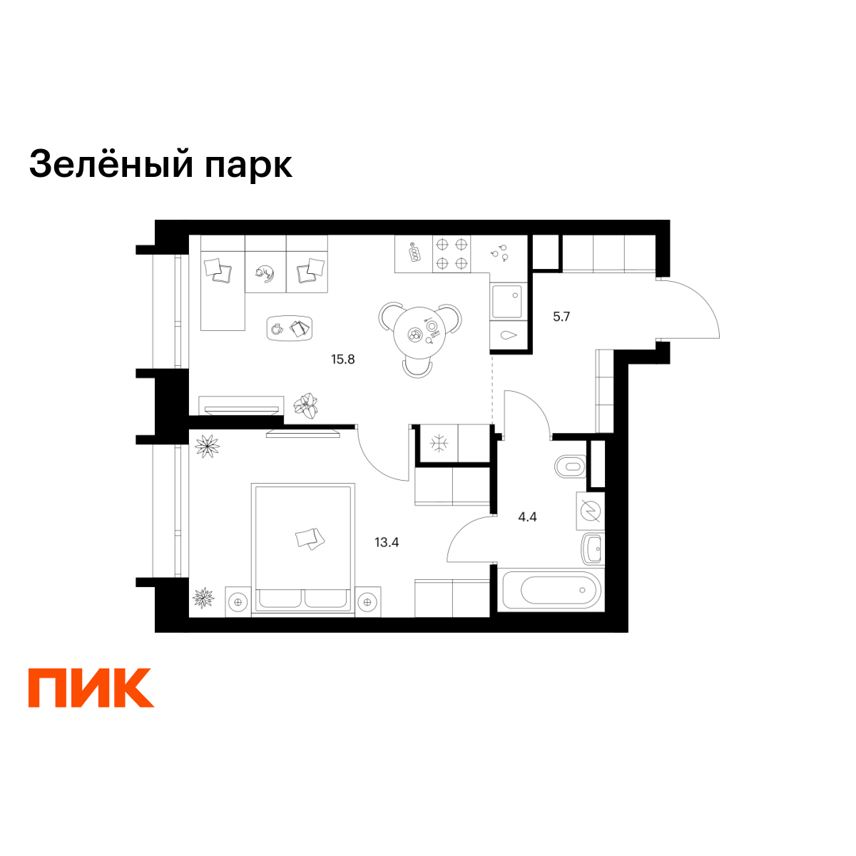 1-комнатная, 39.3 м2, Зелёный Парк
