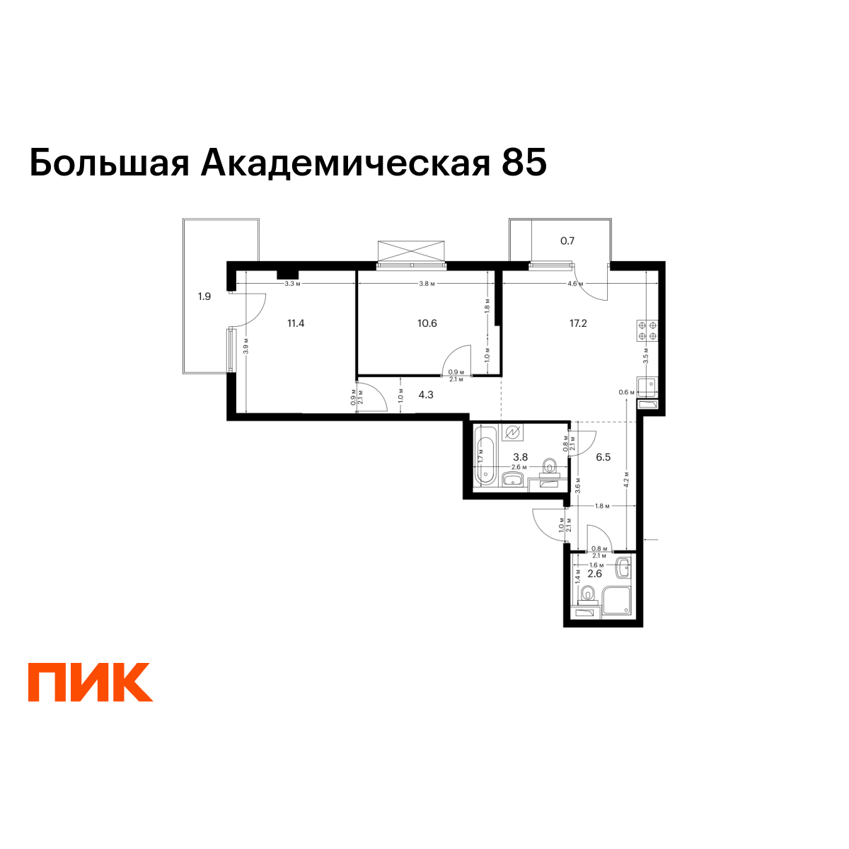 2-комнатная, 59 м2, Большая Академическая 85