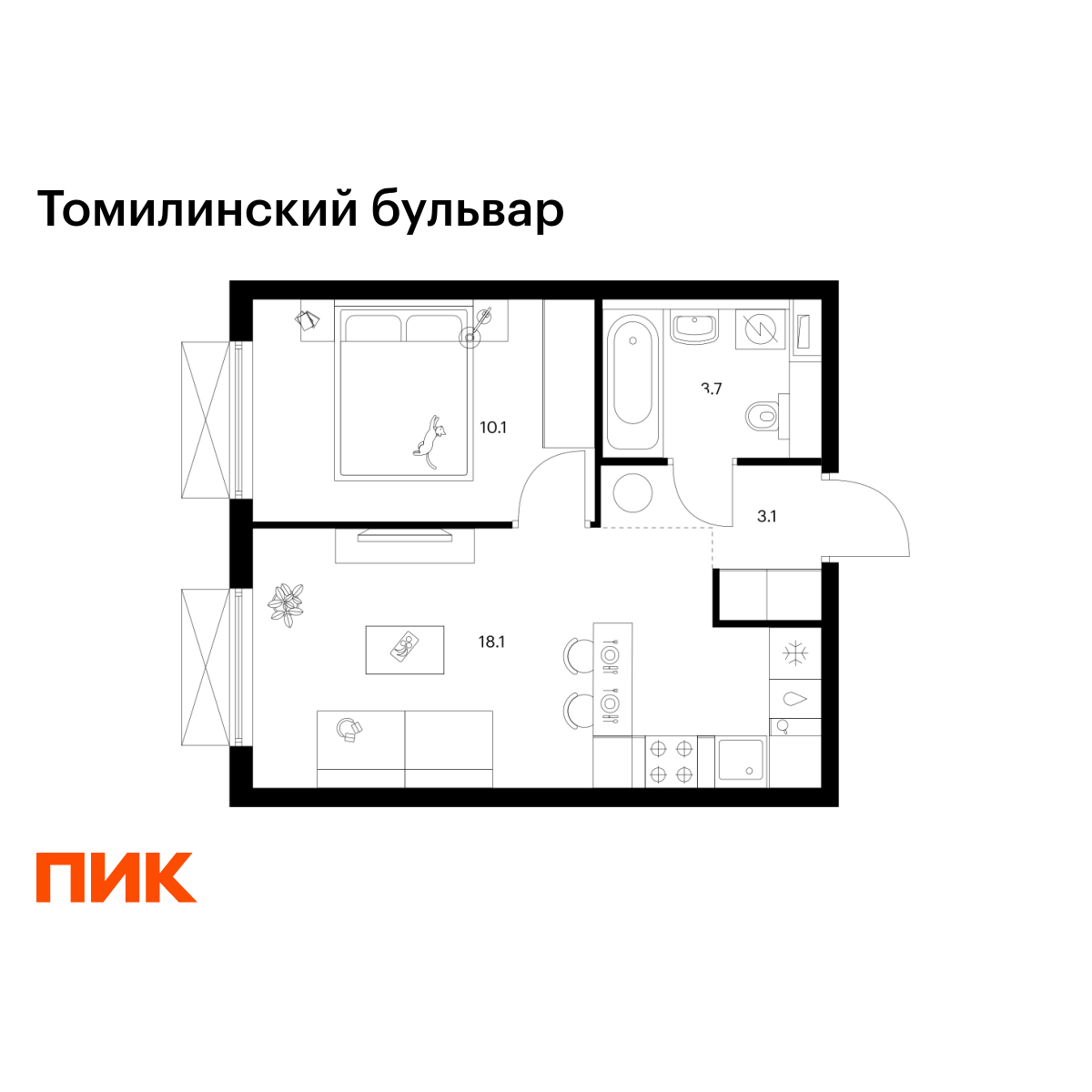 1-комнатная, 35 м2, Томилинский бульвар
