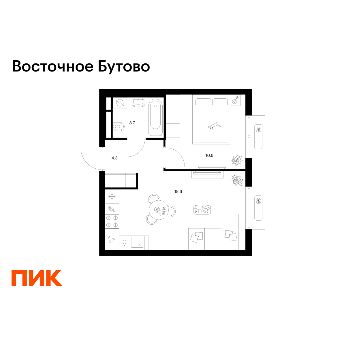 1-комнатная квартира, 37.2 кв.м, Восточное Бутово