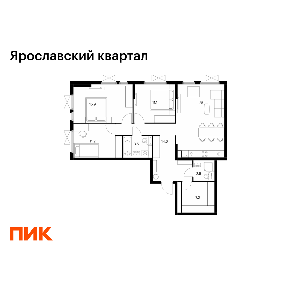 3-комнатная квартира, 91 кв.м, Ярославский квартал 3-комнатная квартира, 91 кв.м, Ярославский квартал