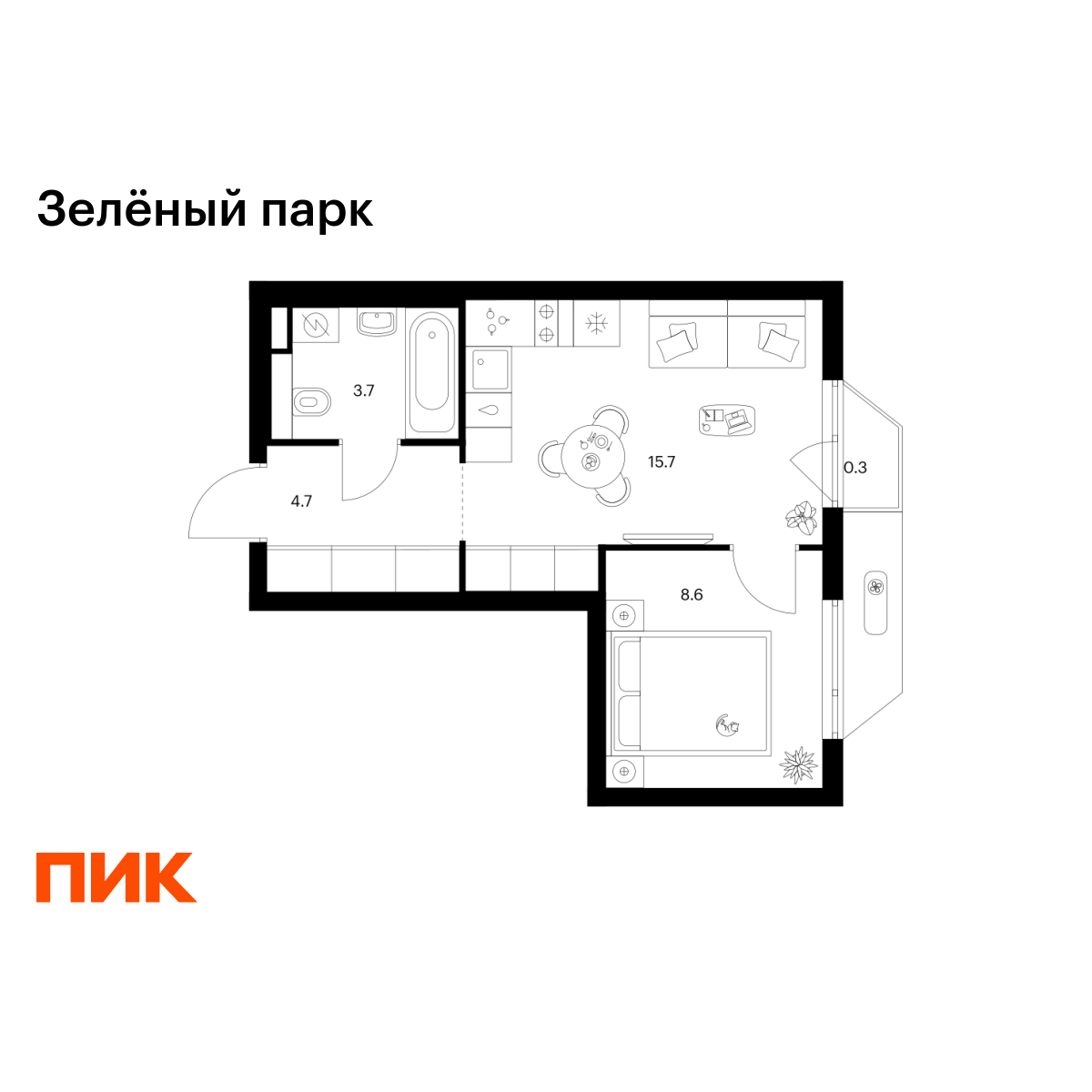 1-комнатная квартира, 33 кв.м, Зелёный парк