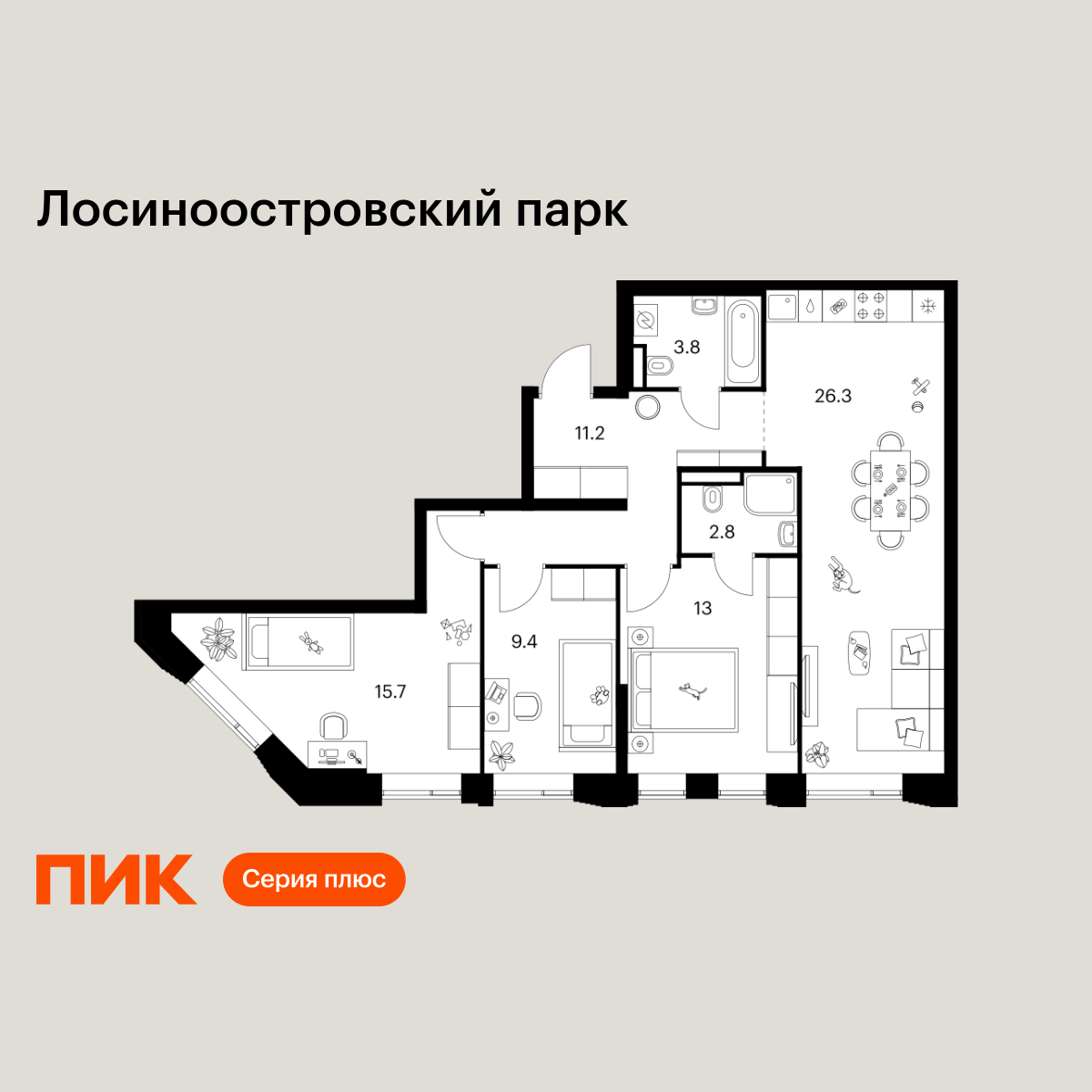 3-комнатная, 82.2 м2, Лосиноостровский парк
