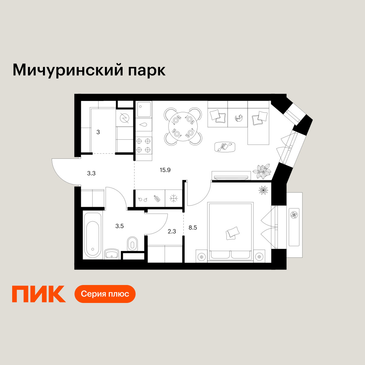1-комнатная, 36.5 м2, Мичуринский парк 1-комнатная, 36.5 м2, Мичуринский парк