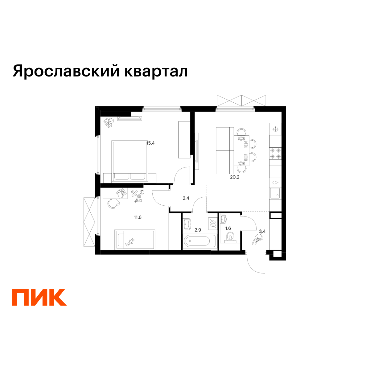 2-комнатная, 57.5 м2, Ярославский квартал 2-комнатная, 57.5 м2, Ярославский квартал