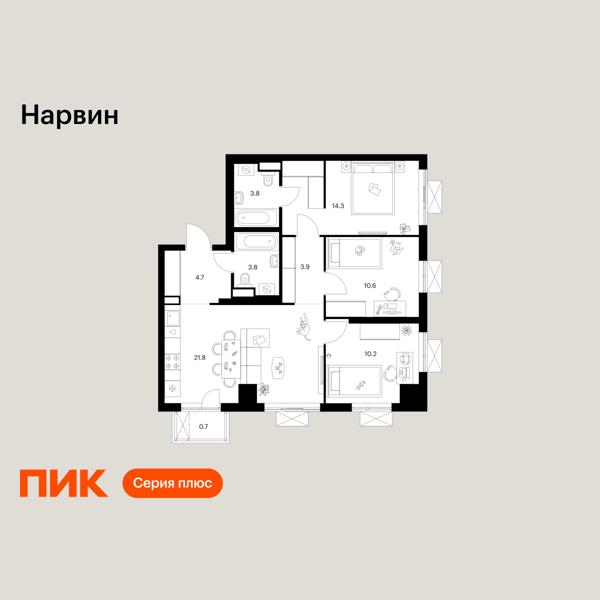 3-комнатная квартира, 73.8 кв.м, Нарвин 3-комнатная квартира, 73.8 кв.м, Нарвин