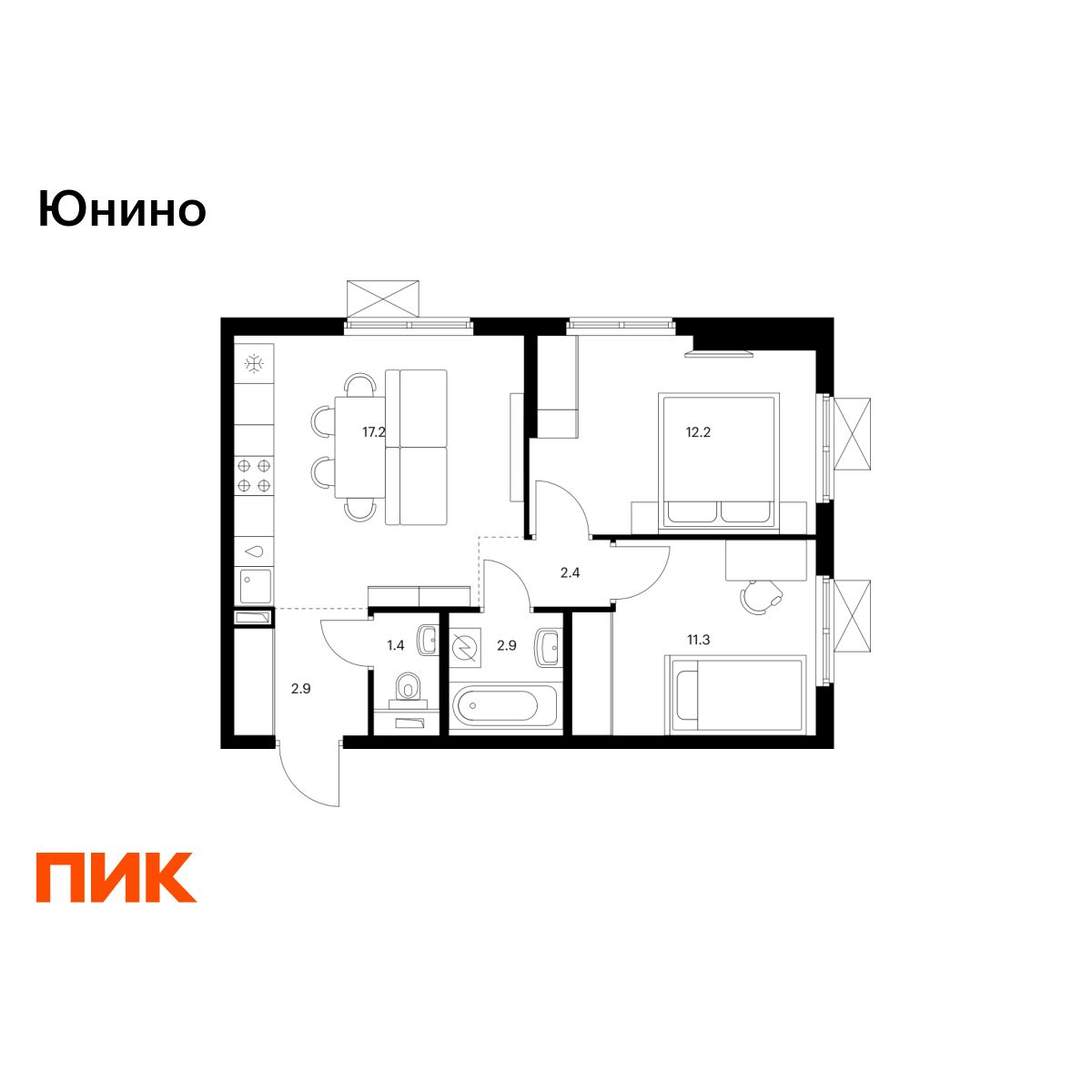2-комнатная, 50.3 м2, Юнино 2-комнатная, 50.3 м2, Юнино