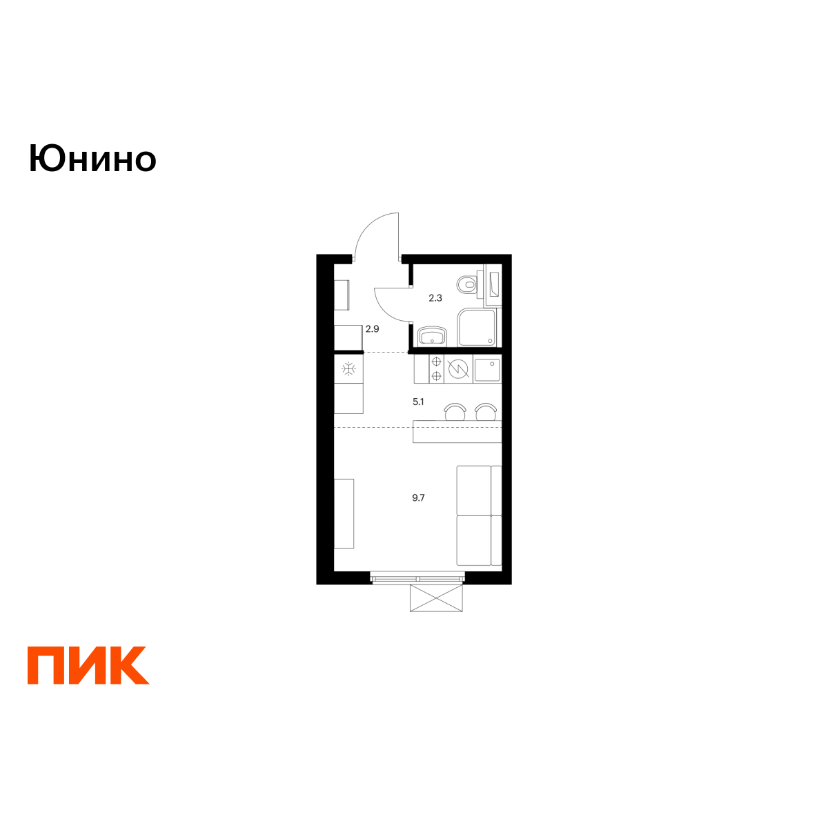 студия, 20 м2, Юнино