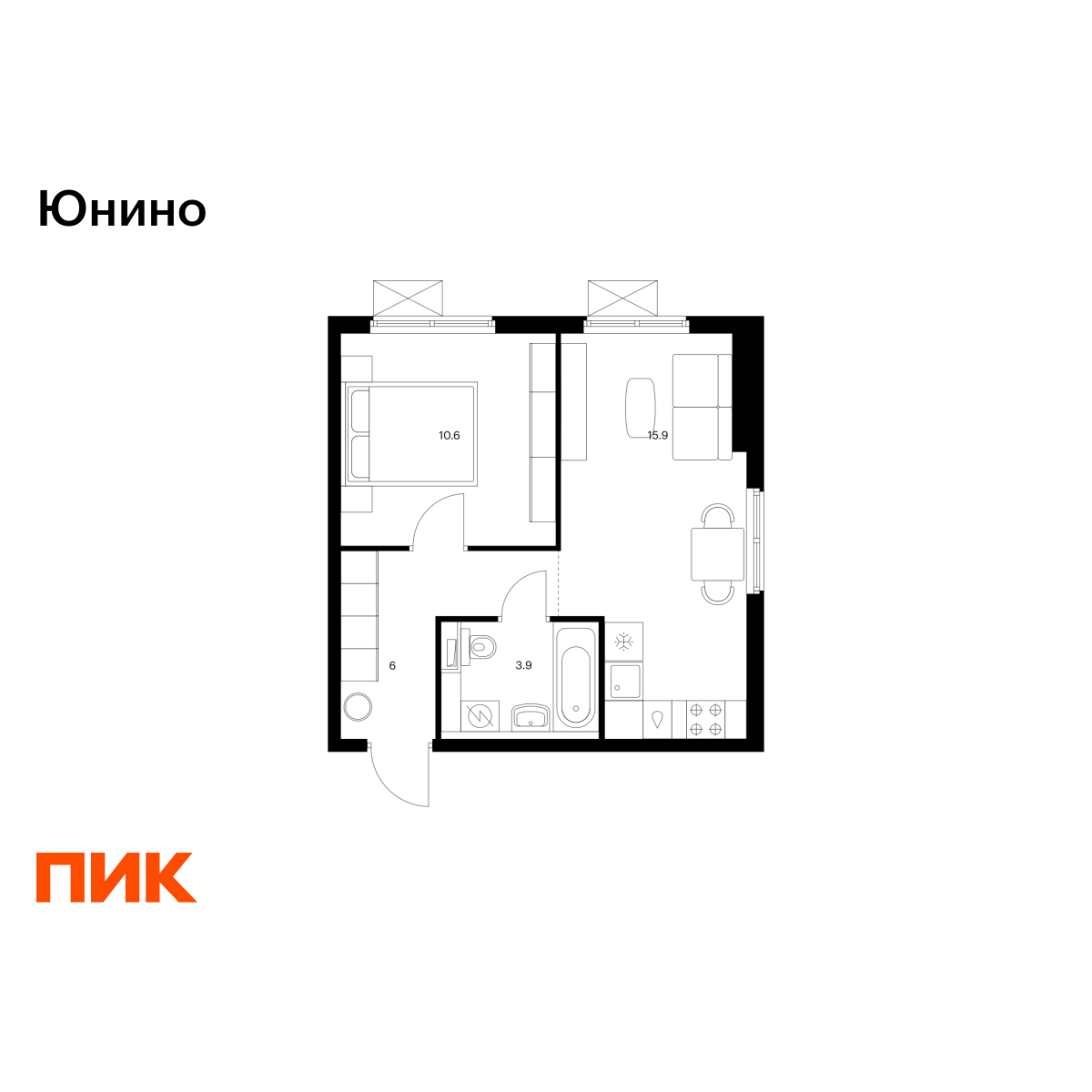 1-комнатная, 36.4 м2, Юнино 1-комнатная, 36.4 м2, Юнино