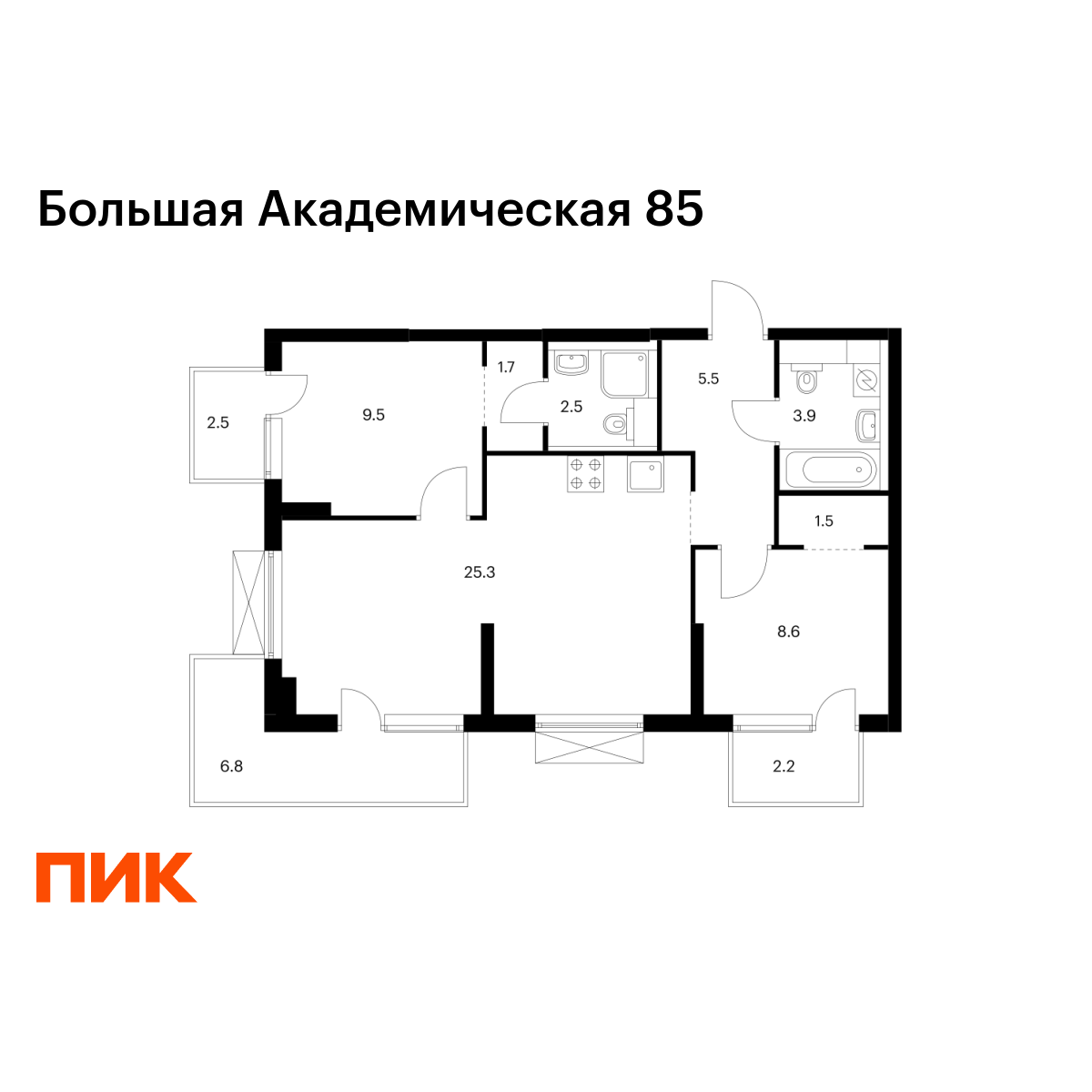 2-комнатная, 68.4 м2, Большая Академическая 85 2-комнатная, 68.4 м2, Большая Академическая 85