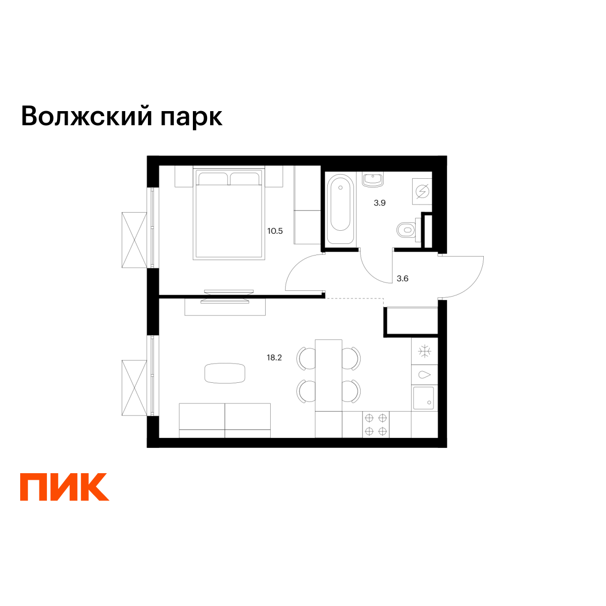 1-комнатная, 36.2 м2, Волжский парк