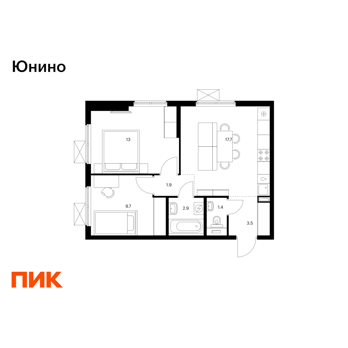2-комнатная, 50.1 м2, Юнино