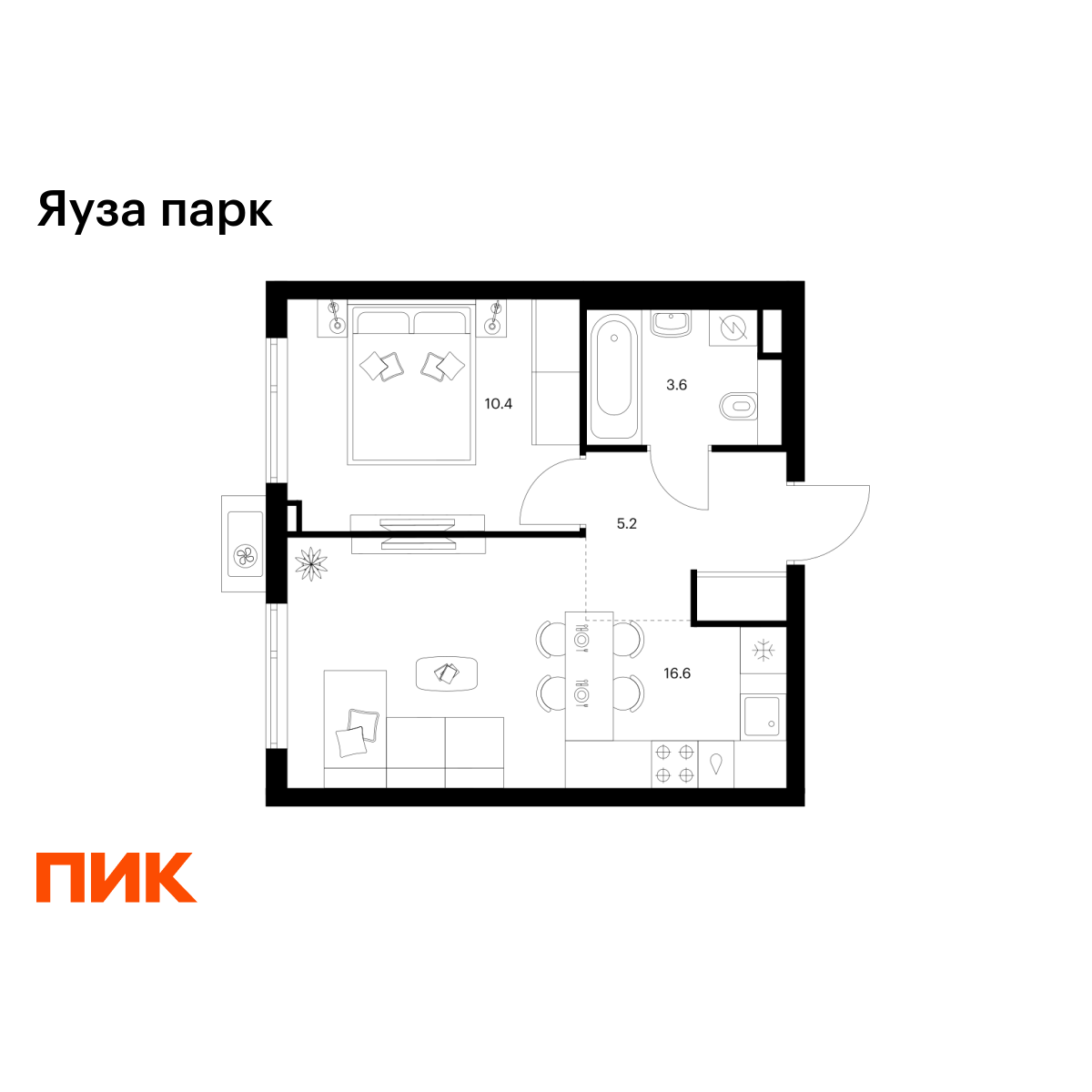 1-комнатная квартира, 35.8 кв.м, Яуза парк