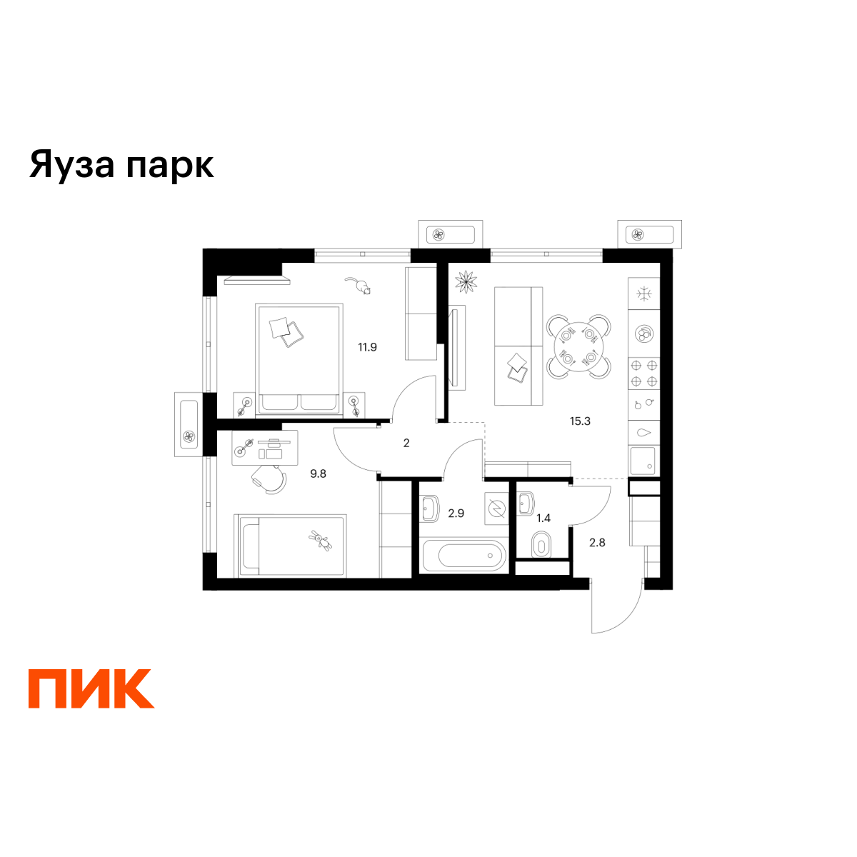 2-комнатная квартира, 46.1 кв.м, Яуза парк
