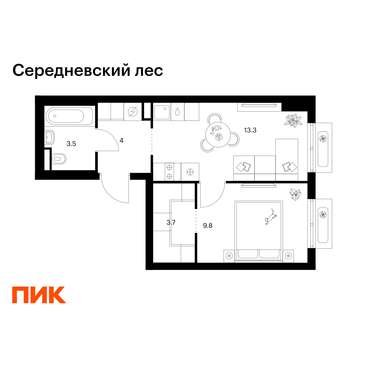 1-комнатная квартира, 34.3 кв.м, Середневский лес