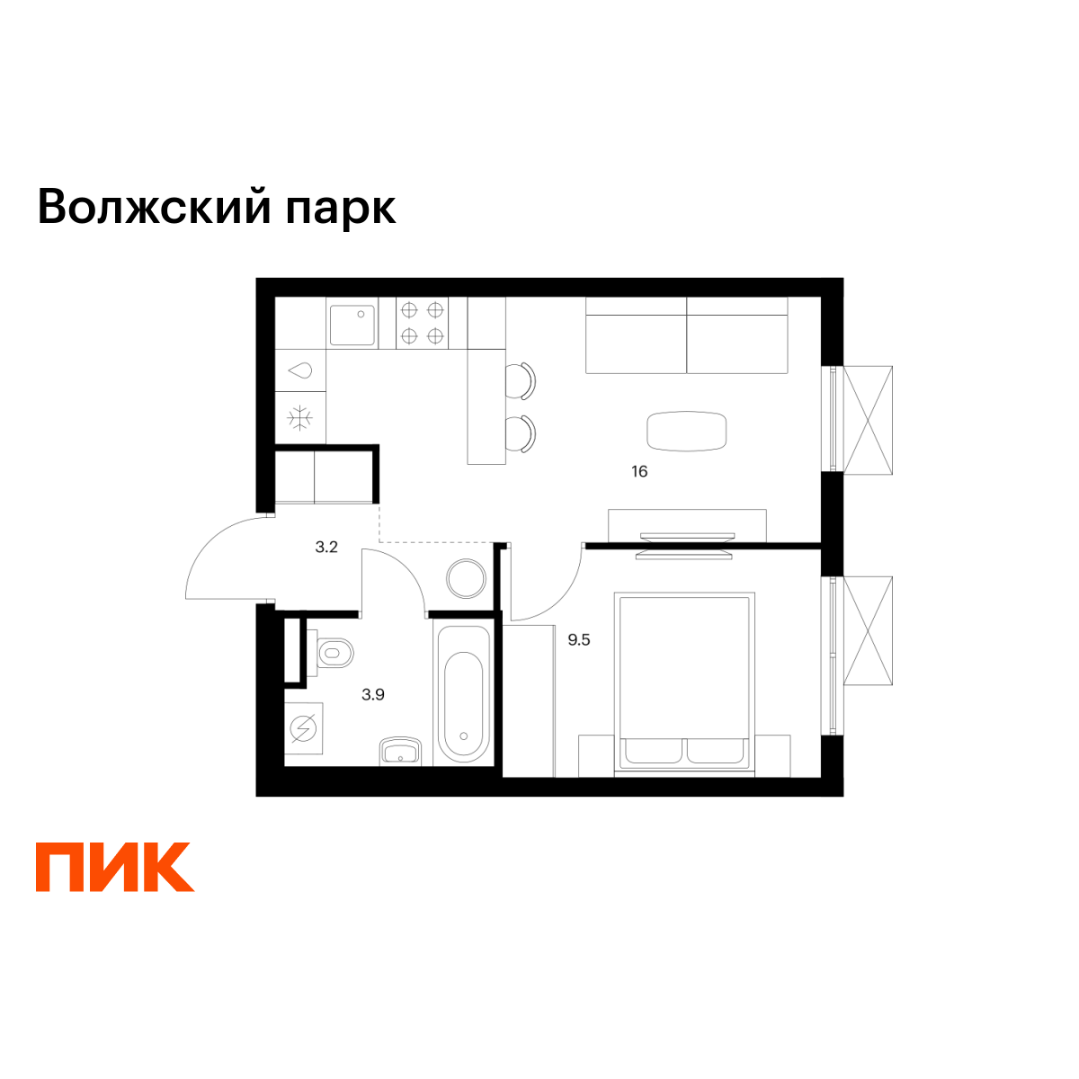 1-комнатная, 32.6 м2, Волжский парк 1-комнатная, 32.6 м2, Волжский парк