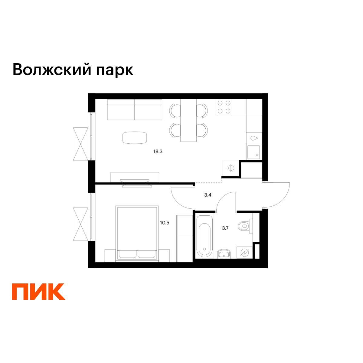 1-комнатная, 35.9 м2, Волжский парк