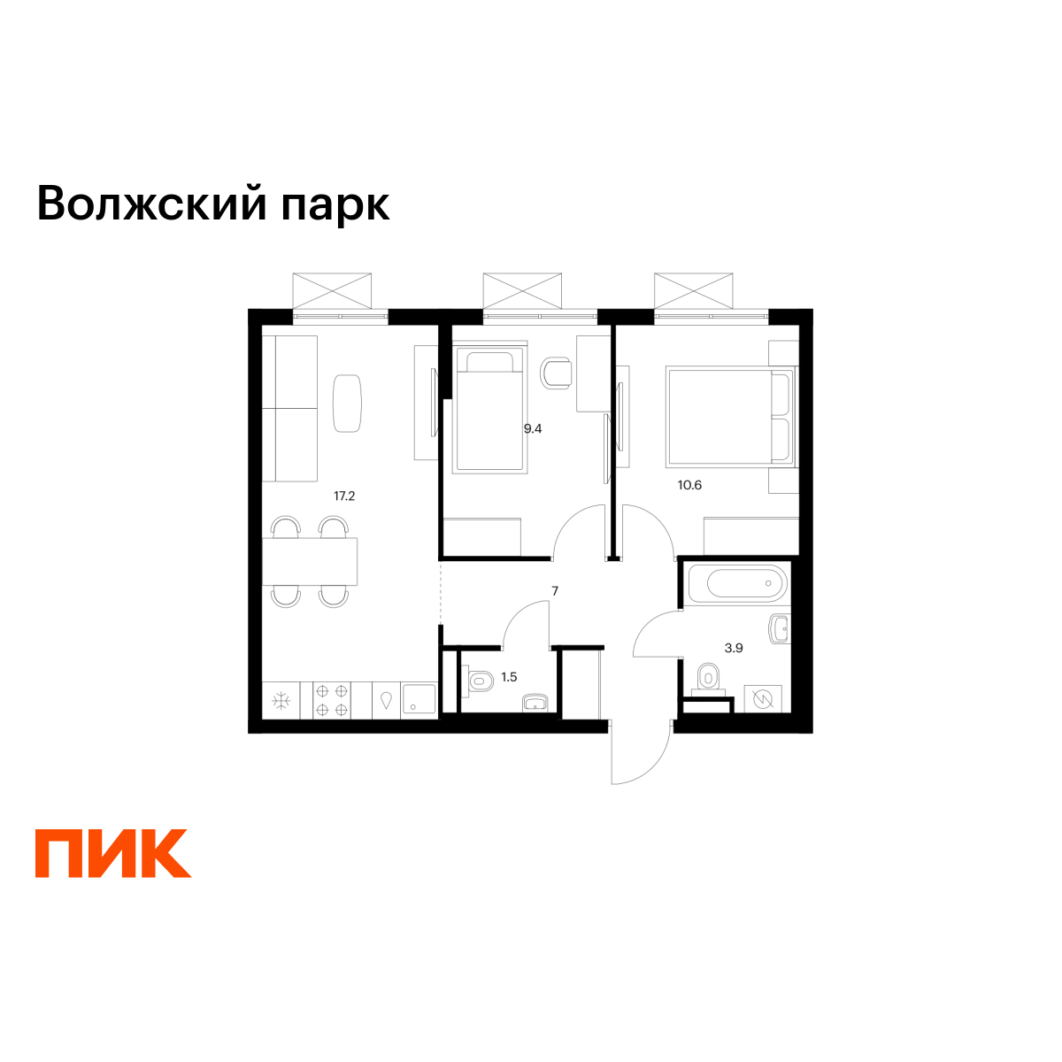 2-комнатная, 49.6 м2, Волжский парк