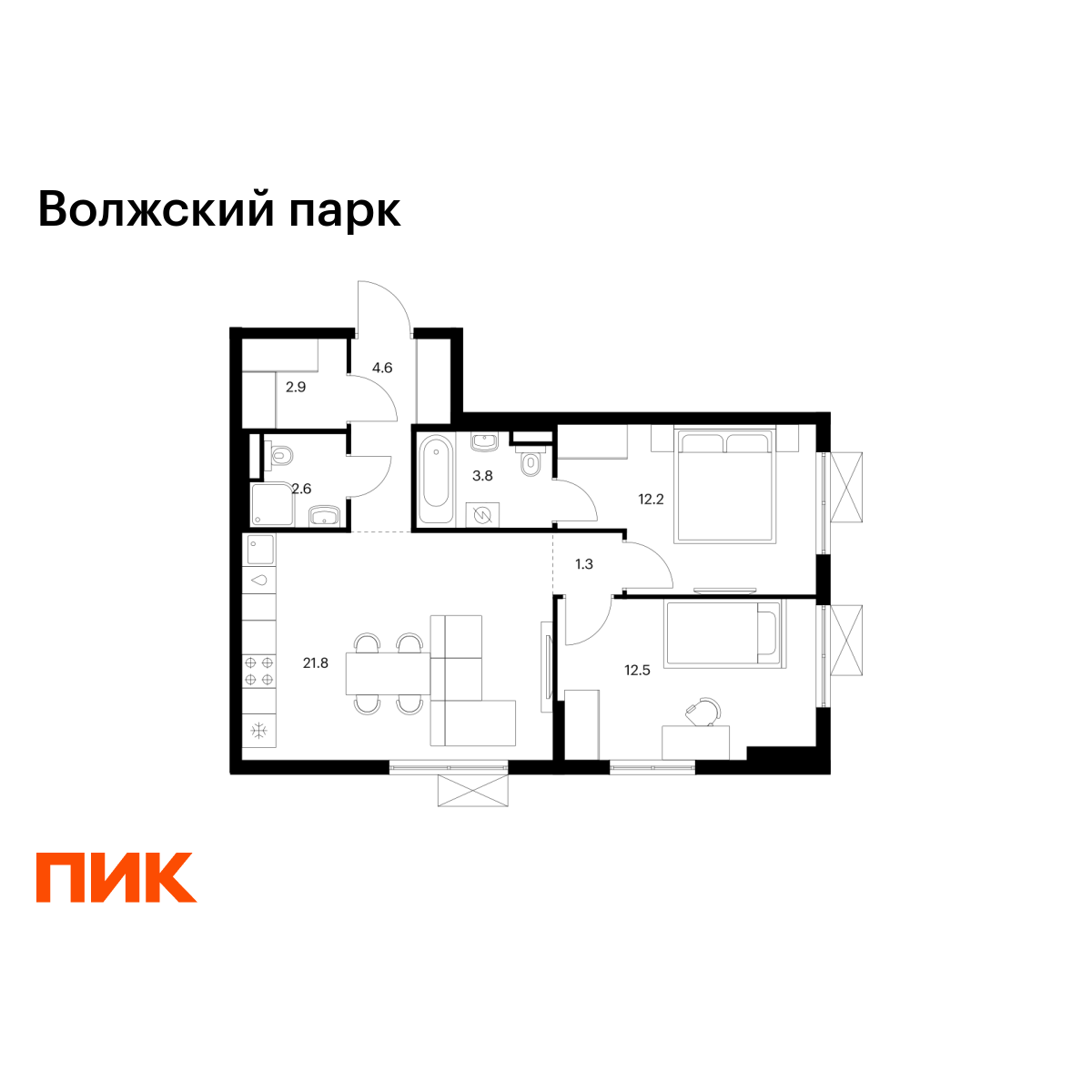 2-комнатная, 61.7 м2, Волжский парк 2-комнатная, 61.7 м2, Волжский парк