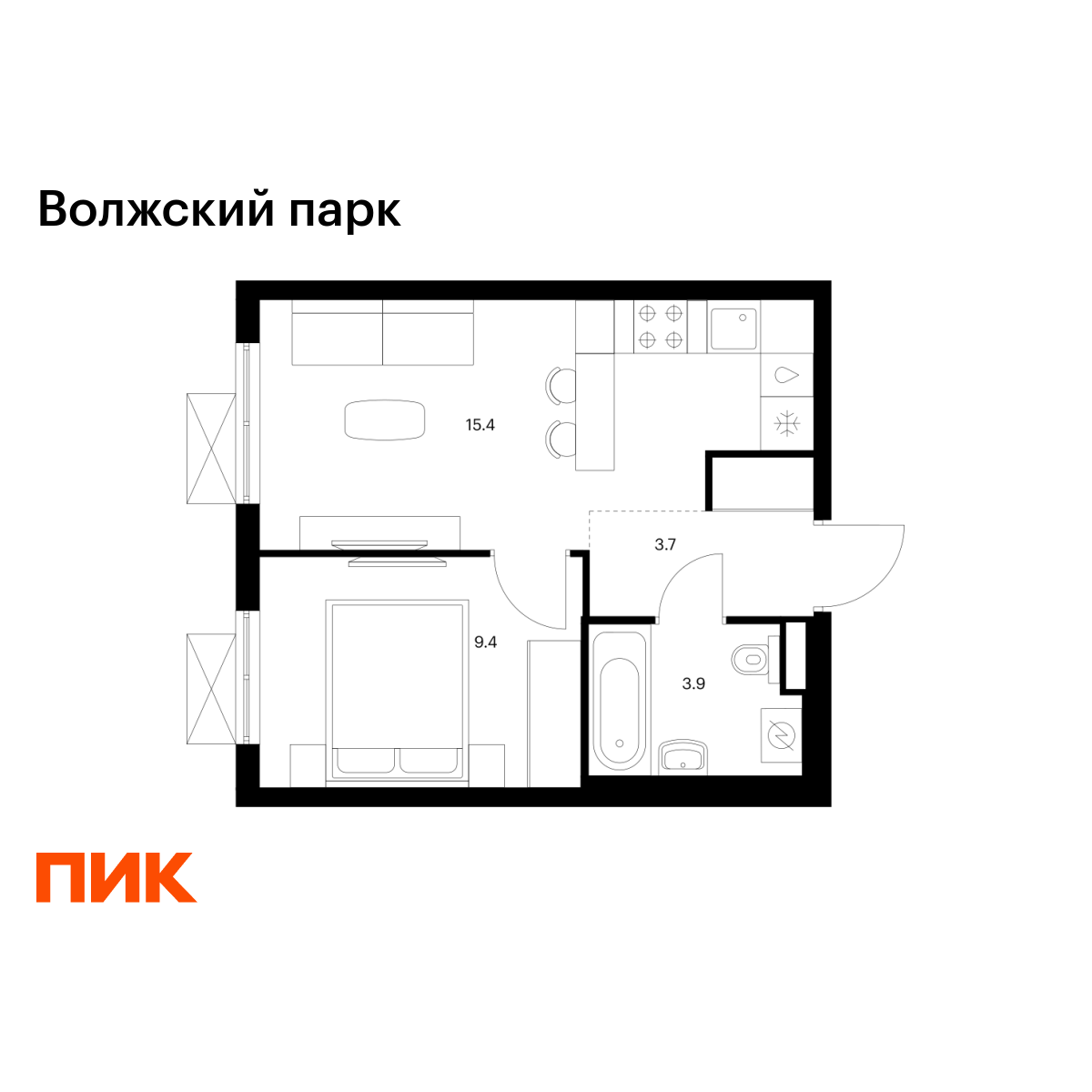 1-комнатная, 32.4 м2, Волжский парк