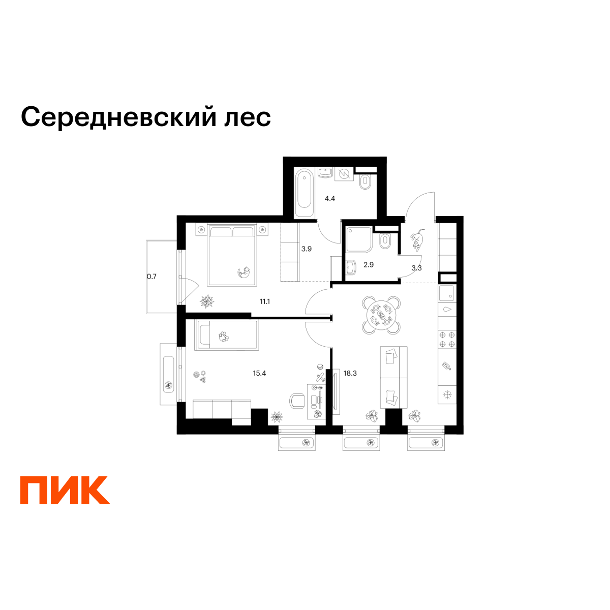 2-комнатная квартира, 60 кв.м, Середневский лес 2-комнатная квартира, 60 кв.м, Середневский лес