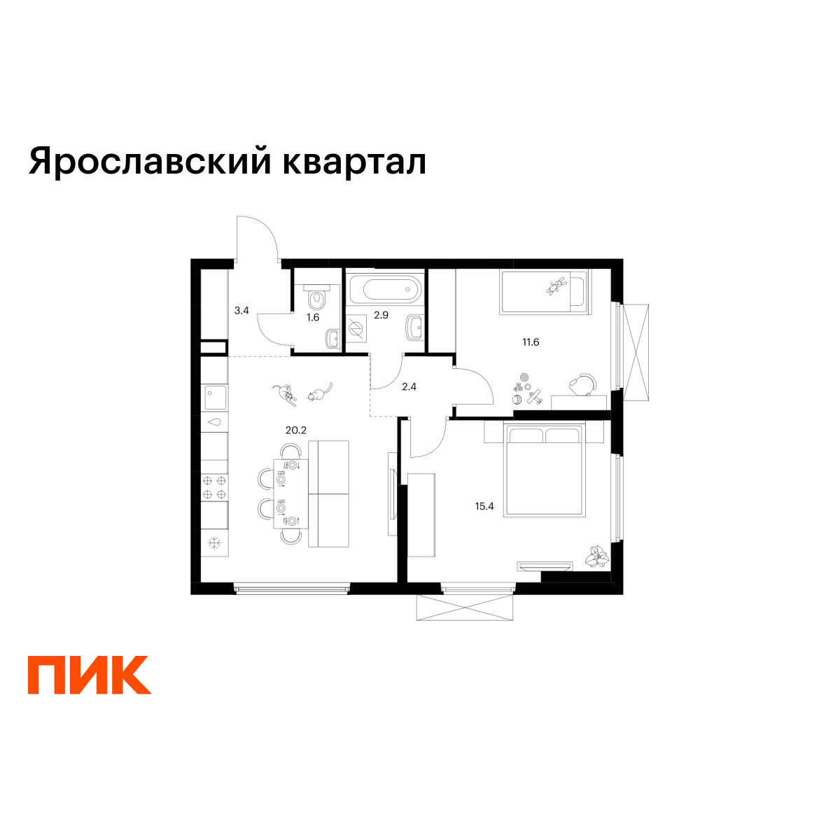 2-комнатная, 57.5 м2, Ярославский квартал 2-комнатная, 57.5 м2, Ярославский квартал