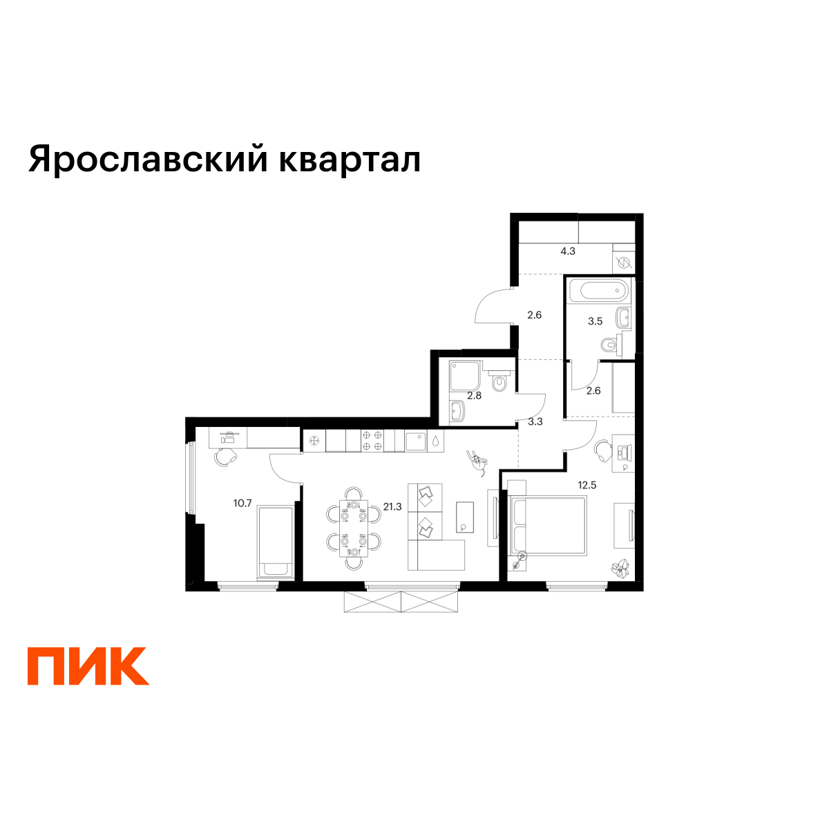 2-комнатная, 63.6 м2, Ярославский квартал 2-комнатная, 63.6 м2, Ярославский квартал
