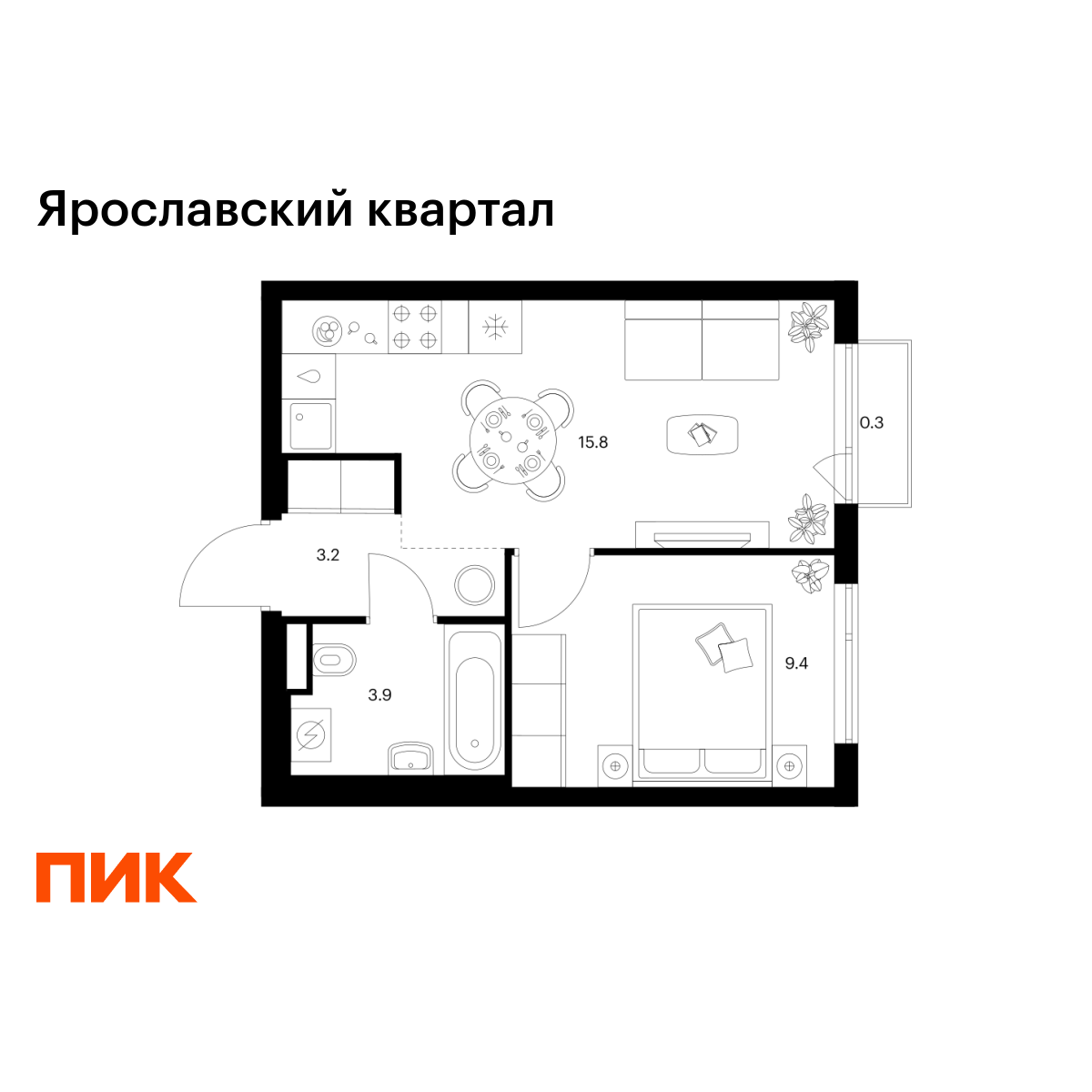 1-комнатная, 32.6 м2, Ярославский квартал