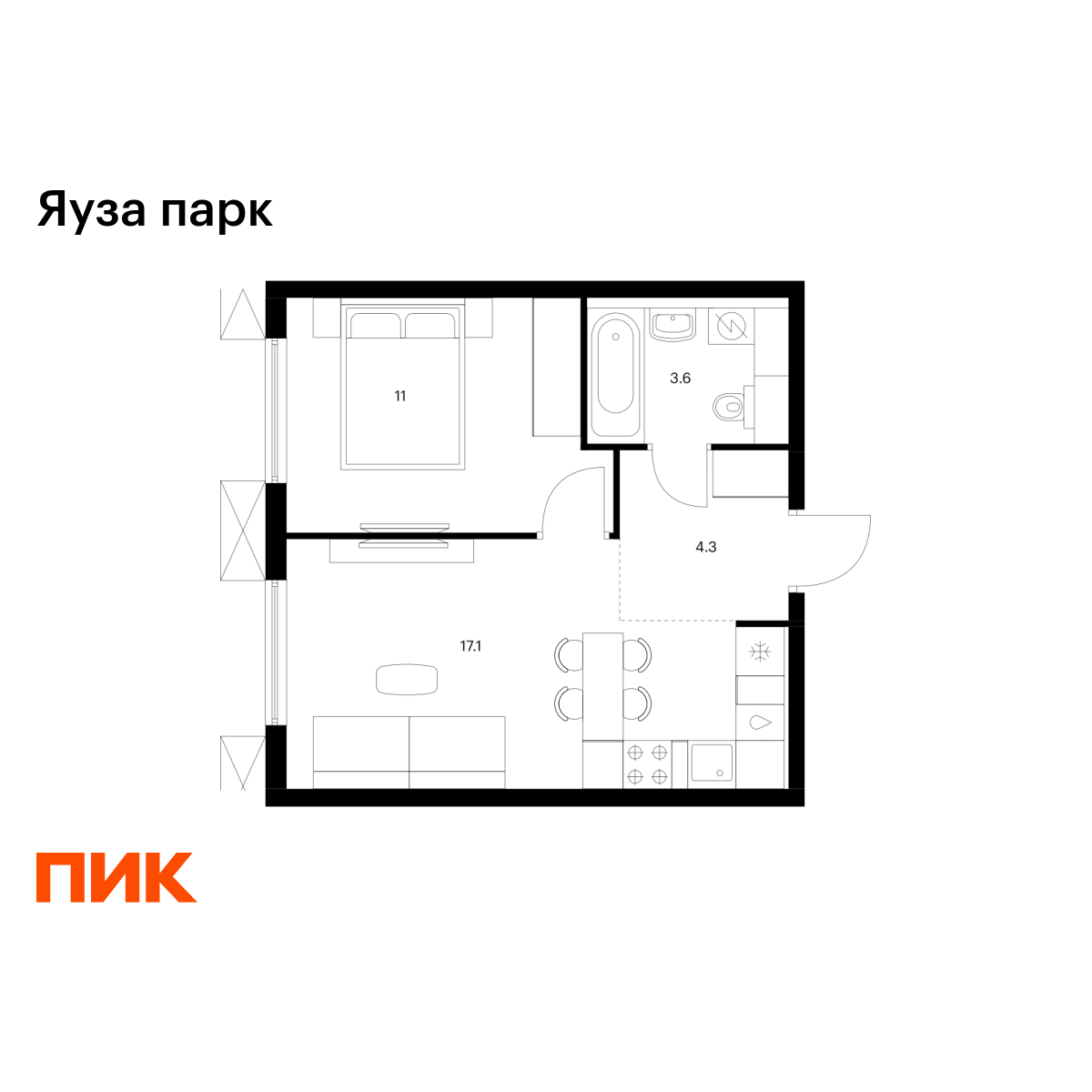 1-комнатная квартира, 36 кв.м, Яуза парк
