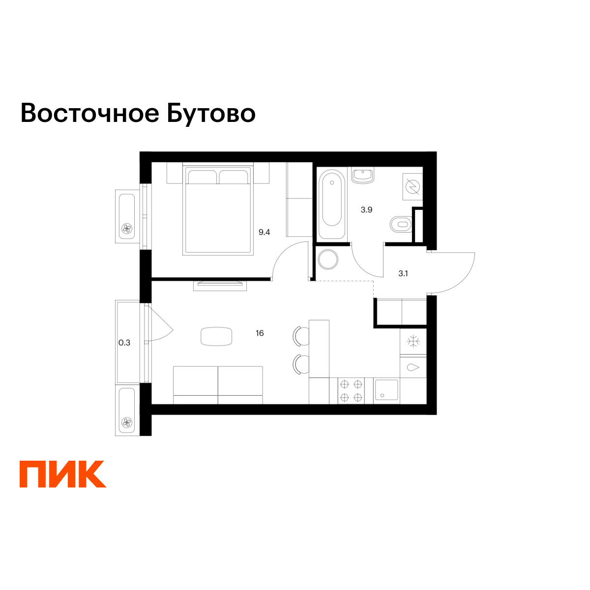 1-комнатная квартира, 32.7 кв.м, Восточное Бутово 1-комнатная квартира, 32.7 кв.м, Восточное Бутово