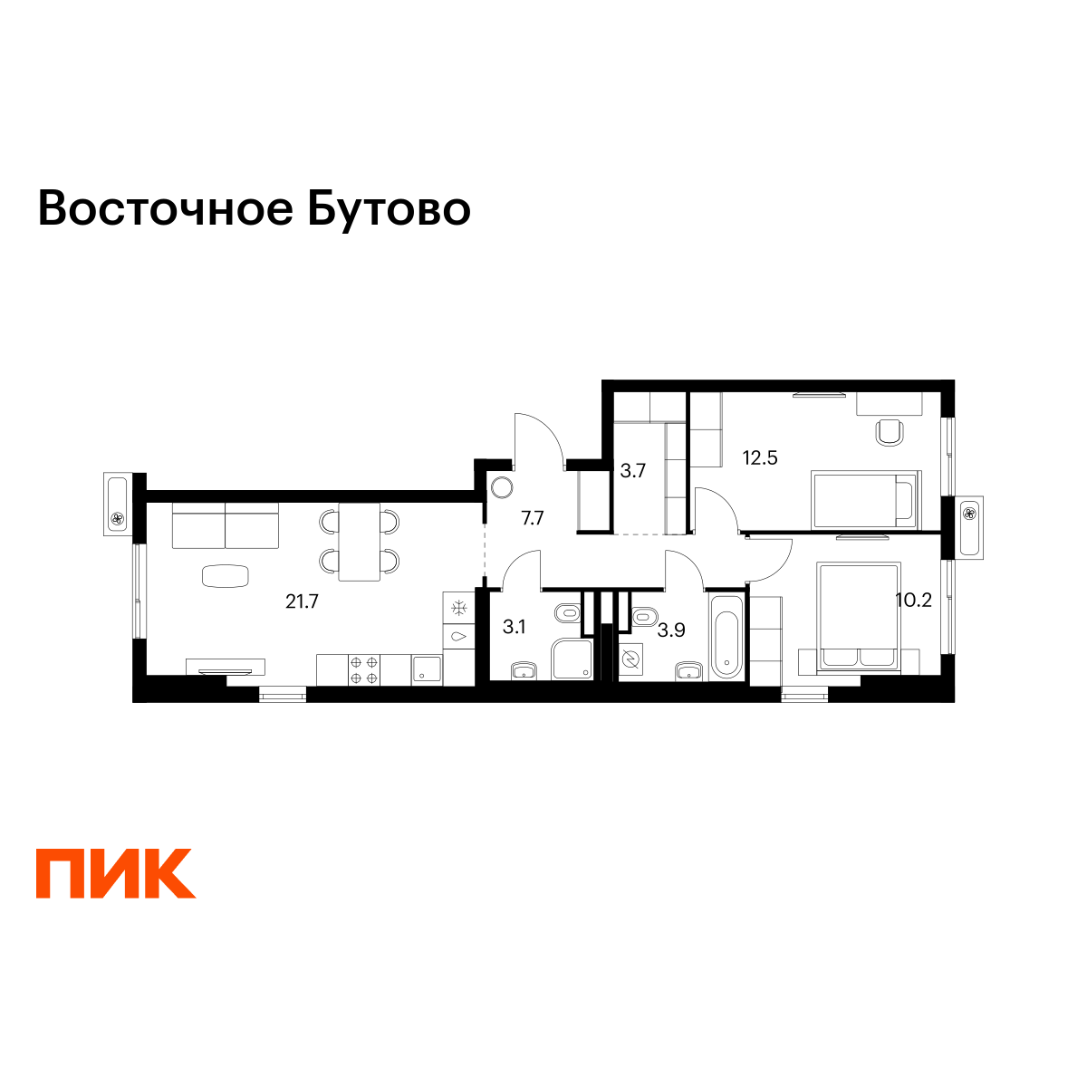 2-комнатная квартира, 62.8 кв.м, Восточное Бутово 2-комнатная квартира, 62.8 кв.м, Восточное Бутово