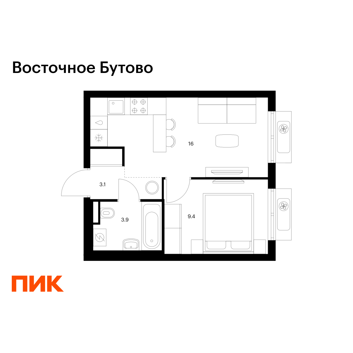1-комнатная квартира, 32.4 кв.м, Восточное Бутово 1-комнатная квартира, 32.4 кв.м, Восточное Бутово