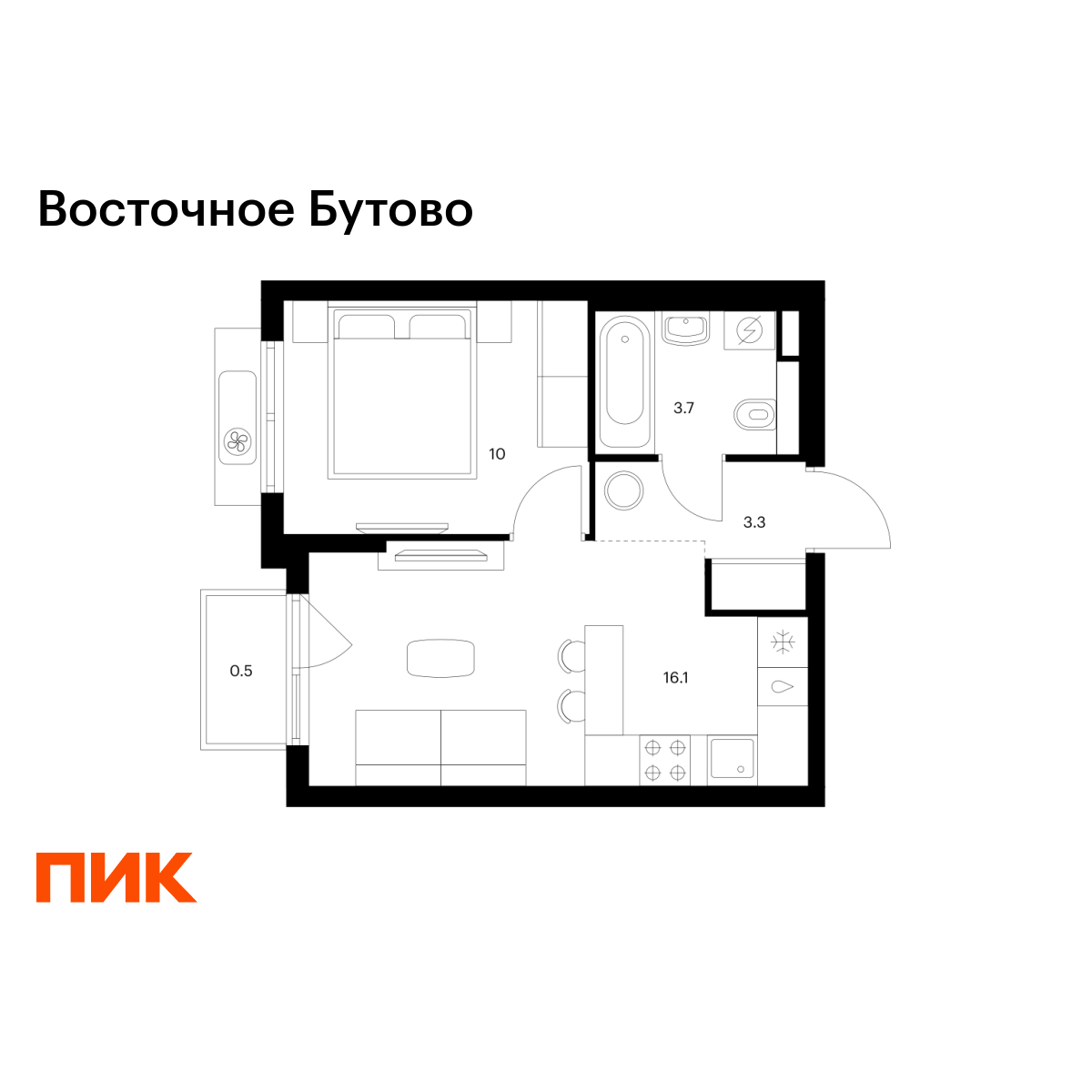 1-комнатная квартира, 33.6 кв.м, Восточное Бутово 1-комнатная квартира, 33.6 кв.м, Восточное Бутово