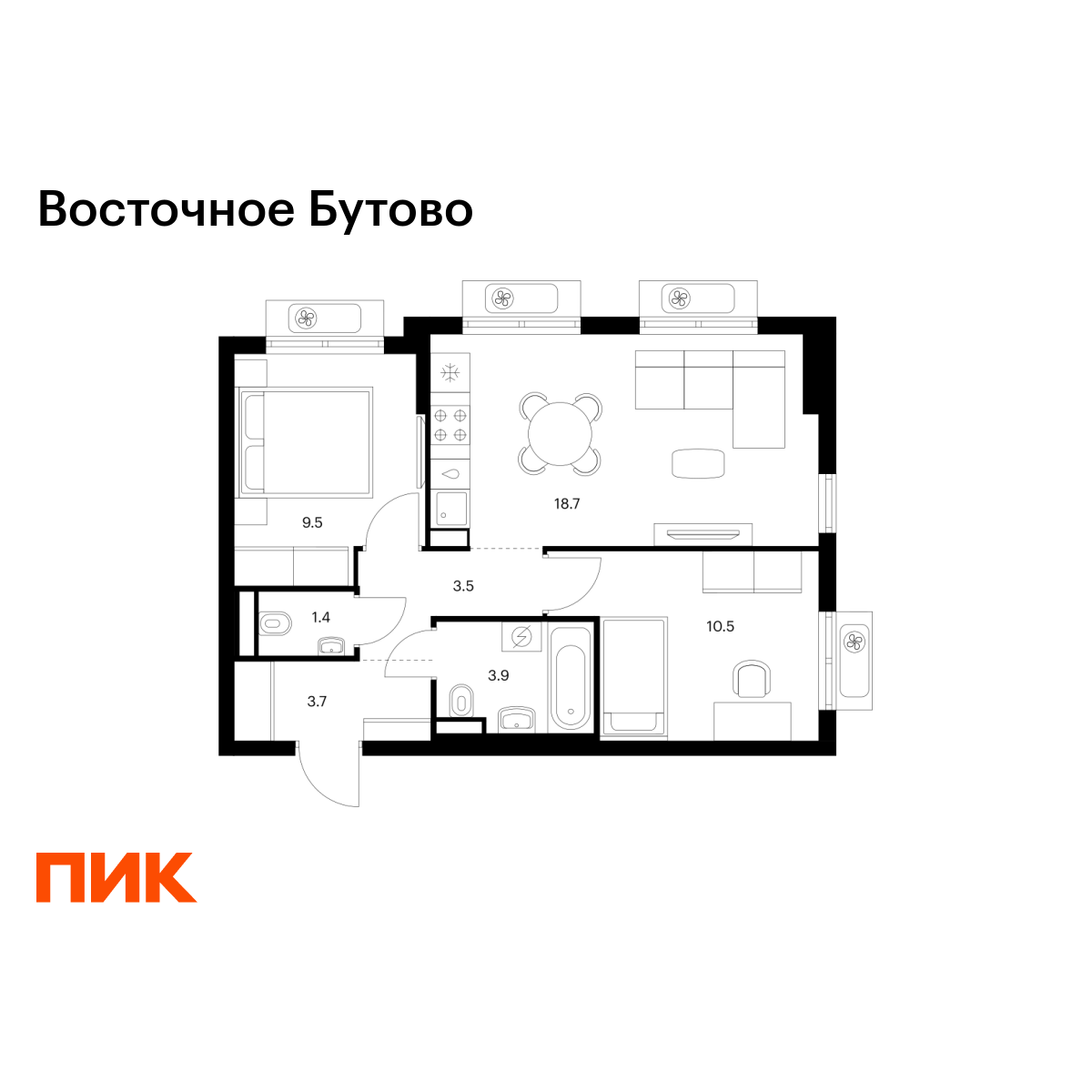 2-комнатная квартира, 51.2 кв.м, Восточное Бутово 2-комнатная квартира, 51.2 кв.м, Восточное Бутово