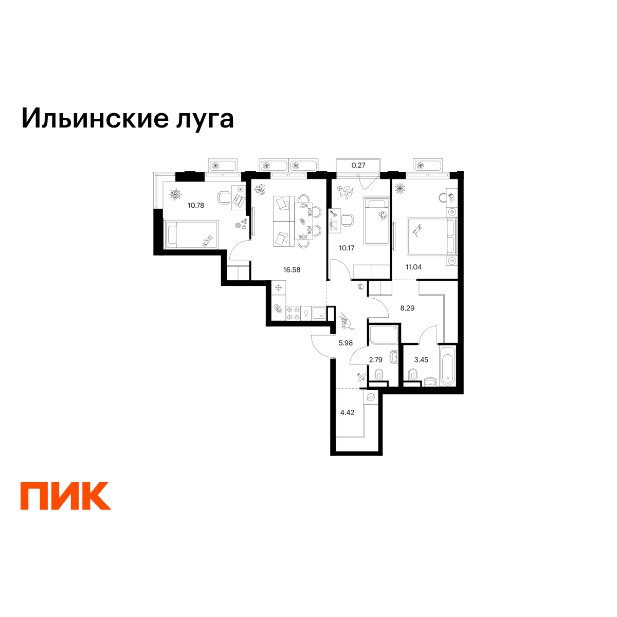 3-комнатная квартира, 73.77 кв.м, Ильинские луга