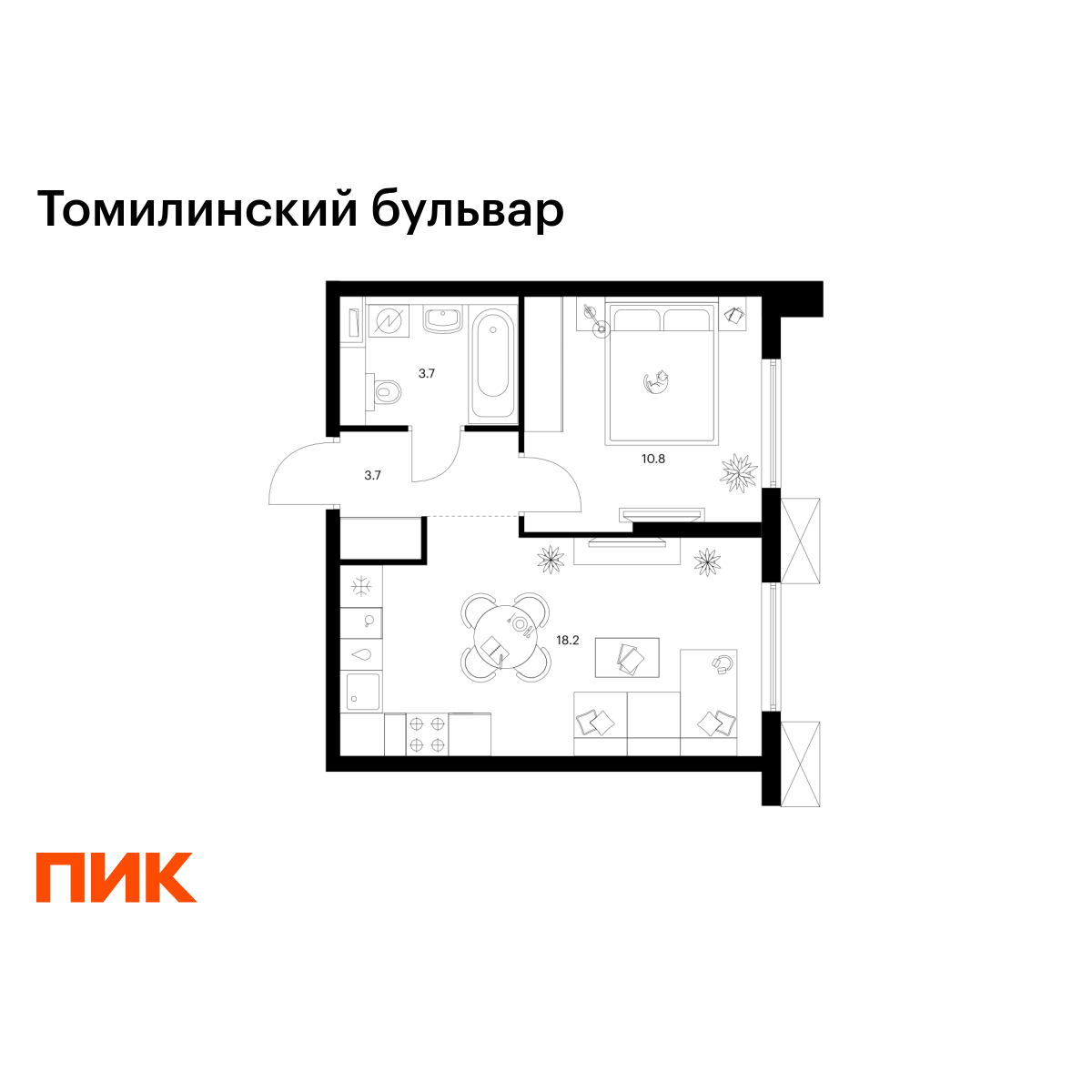 1-комнатная квартира, 36.4 кв.м, Томилинский бульвар