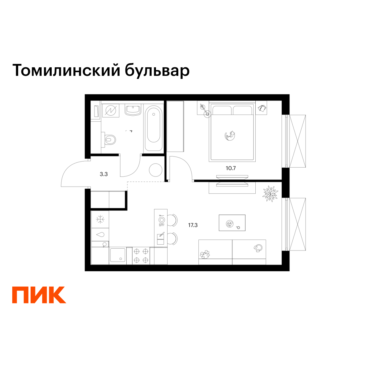 1-комнатная квартира, 35 кв.м, Томилинский бульвар