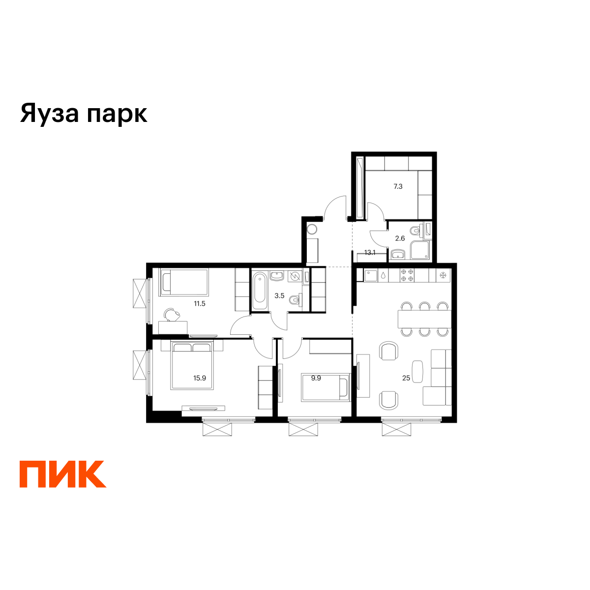 3-комнатная квартира, 88.8 кв.м, Яуза парк