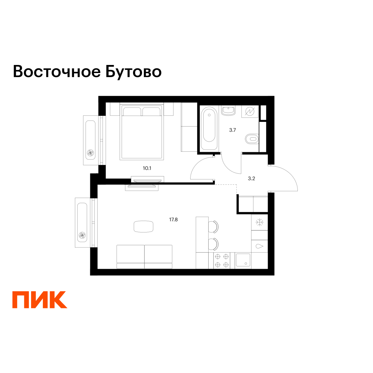 1-комнатная, 34.8 м2, Восточное Бутово
