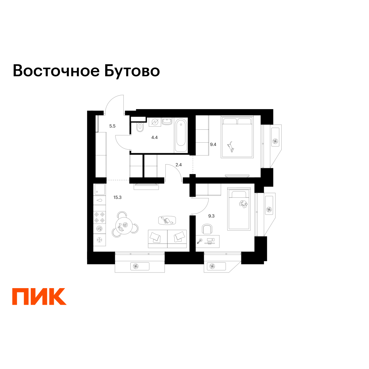 2-комнатная, 46.3 м2, Восточное Бутово 2-комнатная, 46.3 м2, Восточное Бутово